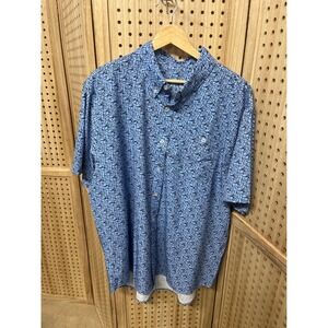 ANGLR Mens XL Fishing Hook Print Button Down Shirt Short Sleeve Blue Lightweight